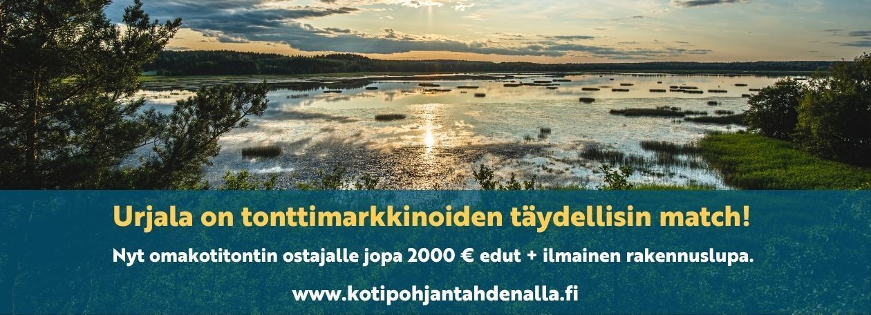 Kuvassa järvimaisema ja teksti: Urjala on tonttimarkkinoiden täydellisin match. Nyt omakotitontin ostajalle jopa 2000 €:n edut + ilmainen rakennuslupa. www.kotipohjantahdenalla.fi